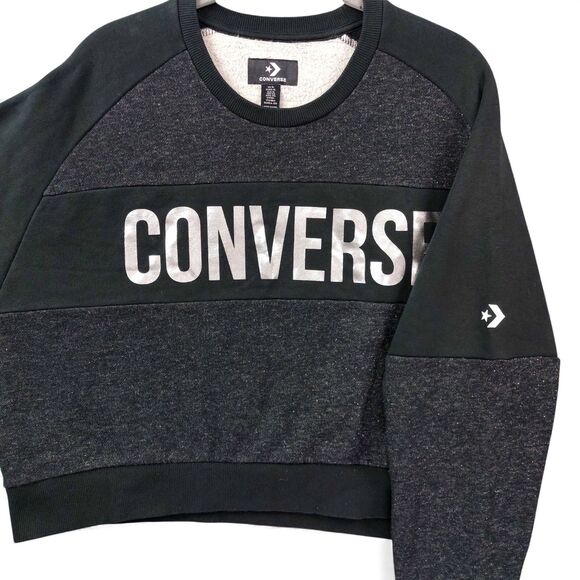 Converse Women’s XL Black Gray Metallic Logo Sweatshirt Fleece Lined Pullover - Picture 8 of 11